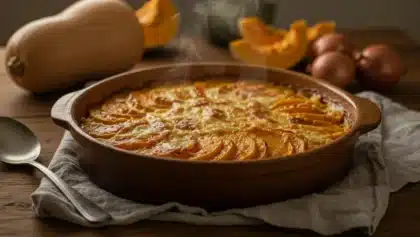 Gratin de courge butternut doré et fondant, sorti du four dans un plat en terre cuite, avec courges fraîches en arrière-plan.