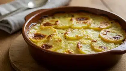Gratin de pommes de terre doré et crémeux dans un plat en terre cuite, sorti du four.
