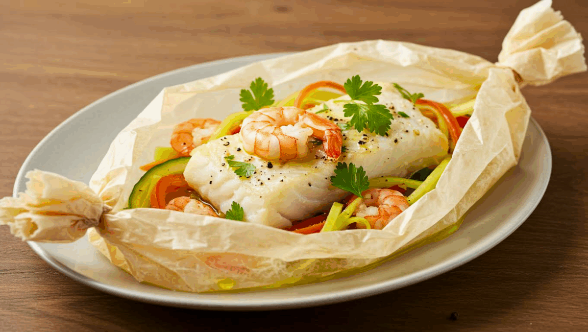 Papillote de cabillaud et crevettes avec petits légumes croquants, servie sur une assiette.