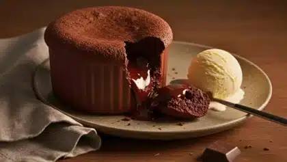 Fondant au chocolat au cœur coulant, servi chaud avec une boule de glace vanille fondante sur une assiette en grès.