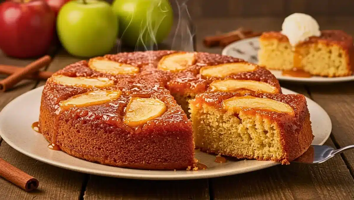 Gâteau aux pommes renversé caramélisé, moelleux et doré, servi encore chaud avec une part découpée et une boule de glace à la vanille.