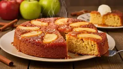 Gâteau aux pommes renversé caramélisé, moelleux et doré, servi encore chaud avec une part découpée et une boule de glace à la vanille.