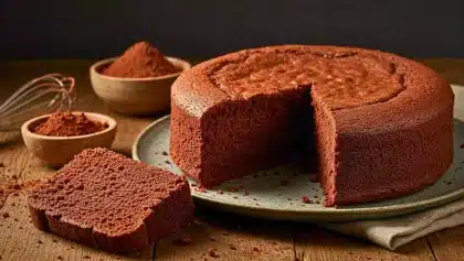 Gâteau au chocolat moelleux à la poudre de cacao, découpé en tranches sur une assiette rustique.