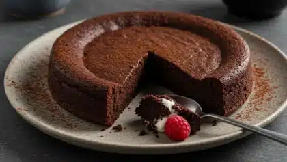 Gâteau au chocolat sans farine, fondant et moelleux, servi avec une cuillère de crème et une framboise sur une assiette en céramique.