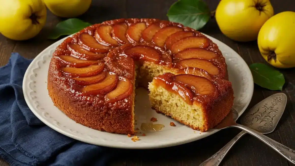 Gâteau moelleux aux coings caramélisés sur assiette, nappé d’un sirop doré, entouré de fruits entiers et de feuilles d’automne.