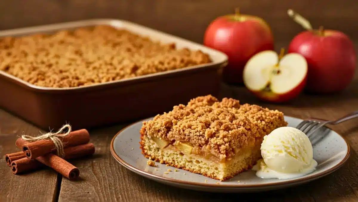 Part de gâteau crumble aux pommes servie avec une boule de glace vanille, décorée de bâtons de cannelle et de pommes fraîches en arrière-plan.