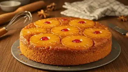 Gâteau à l’ananas caramélisé sur un plat, orné de cerises confites et nappé de caramel doré.