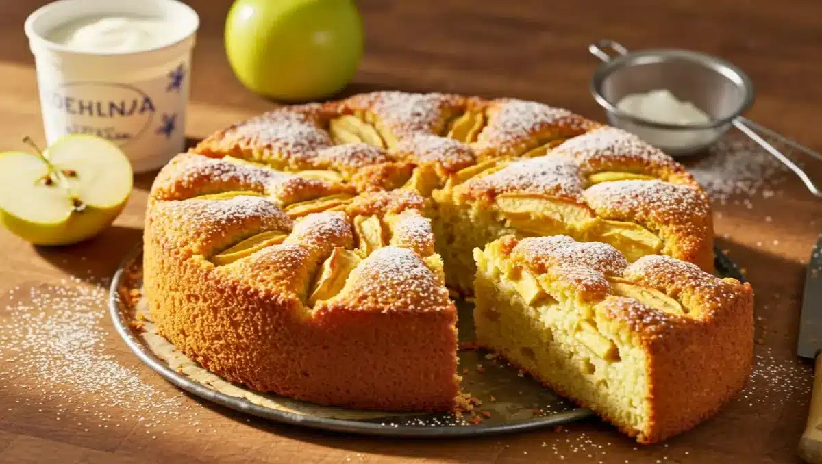 Gâteau au yaourt et aux pommes moelleux, saupoudré de sucre glace, posé sur une table en bois avec des pommes fraîches et du yaourt.