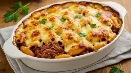 Gratin de coquillettes au bœuf bourguignon gratiné au fromage dans un plat familial.