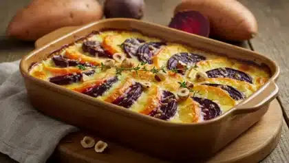 Gratin doré de patates douces et betteraves en tranches, garni de noisettes et de branches de thym dans un plat en terre cuite.