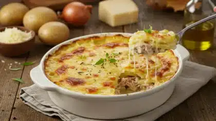 Gratin de pommes de terre au thon avec fromage gratiné et filant, servi chaud dans un plat familial.