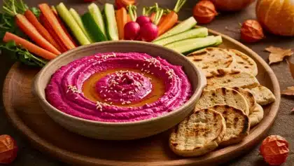Houmous de betterave rose fuchsia, servi avec légumes croquants et tranches de pain pita.
