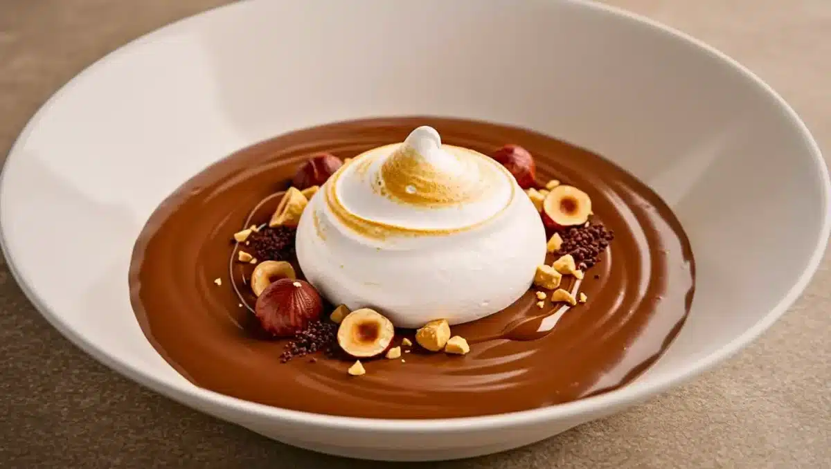 Île flottante au chocolat avec crème fondante, meringue dorée et noisettes croquantes, servie dans une assiette blanche.