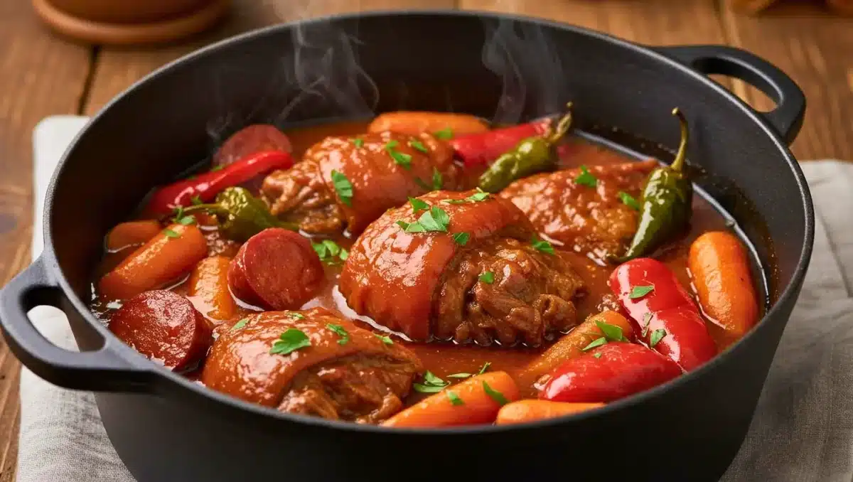Cocotte en fonte remplie de joues de porc mijotées avec du chorizo, des carottes, des poivrons et du piment d’Espelette, nappées d’une sauce rouge onctueuse.