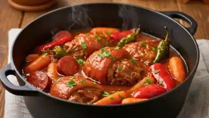 Cocotte en fonte remplie de joues de porc mijotées avec du chorizo, des carottes, des poivrons et du piment d’Espelette, nappées d’une sauce rouge onctueuse.