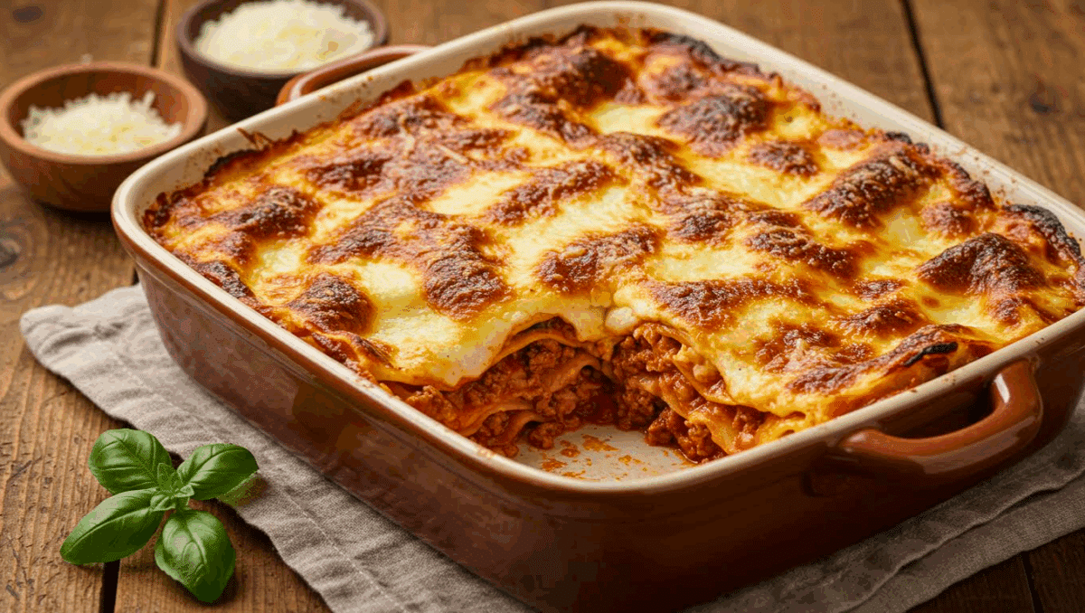 Plat de lasagnes maison dorées au four, avec couches de viande, de sauce tomate et de fromage fondant, posé sur une table en bois rustique avec feuilles de basilic frais.