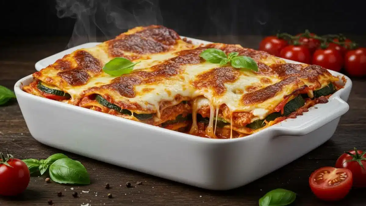 Plat de lasagnes fondantes à la tomate, à la béchamel et à la mozzarella, gratinées au four avec des feuilles de basilic frais.