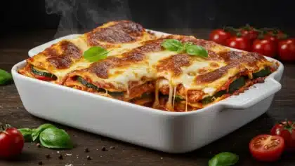 Plat de lasagnes fondantes à la tomate, à la béchamel et à la mozzarella, gratinées au four avec des feuilles de basilic frais.