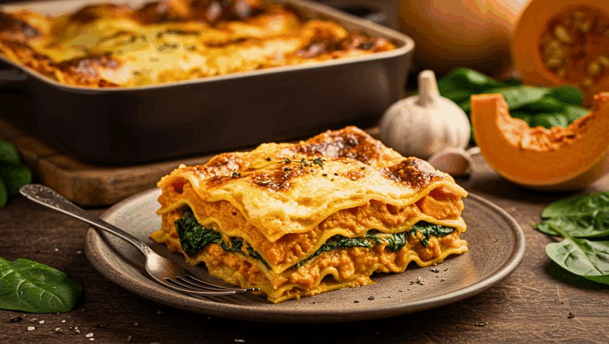 Lasagnes crémeuses sans béchamel au potimarron et épinards servies dans une assiette rustique.