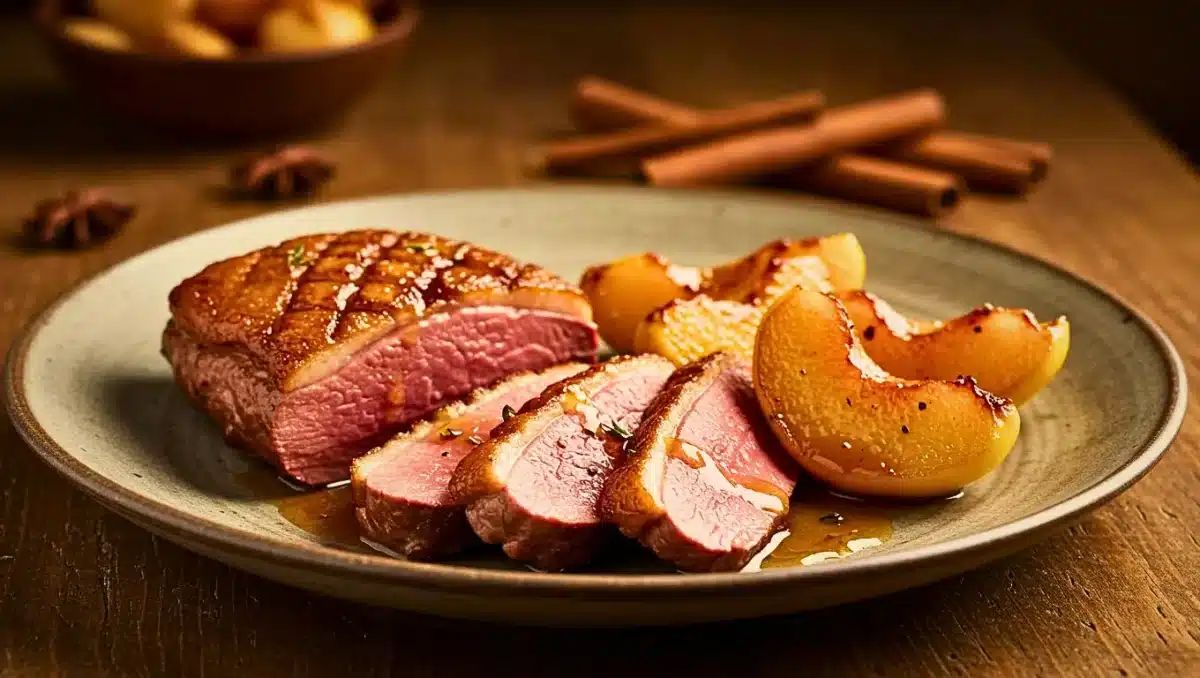 Magret de canard rôti tranché, accompagné de coings confits au miel et aux épices, sur une assiette automnale.