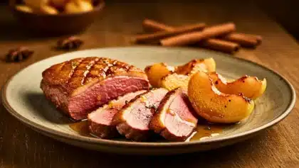 Magret de canard rôti tranché, accompagné de coings confits au miel et aux épices, sur une assiette automnale.