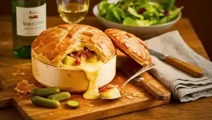 Gâteau aux coings caramélisés sur assiette, nappé d’un sirop doré, entouré de fruits entiers et de feuilles d’automne.
