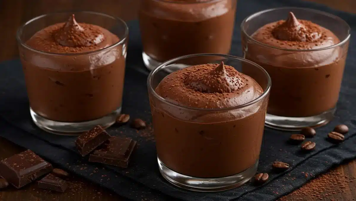 Mousse au chocolat maison servie dans des verrines en verre, saupoudrée de cacao, sur une table en bois avec des morceaux de chocolat noir.