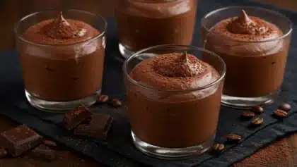 Mousse au chocolat maison servie dans des verrines en verre, saupoudrée de cacao, sur une table en bois avec des morceaux de chocolat noir.