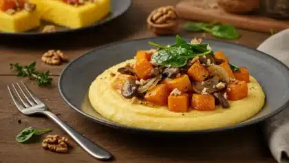 Assiette de polenta crémeuse garnie de légumes rôtis d’automne, champignons, butternut, épinards et noix concassées.