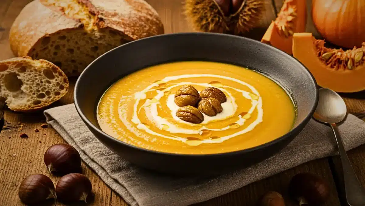 Bol de velouté potimarron-châtaigne crémeux, décoré de châtaignes rôties et d’un filet de crème, accompagné de tranches de pain de campagne.