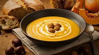 Bol de velouté potimarron-châtaigne crémeux, décoré de châtaignes rôties et d’un filet de crème, accompagné de tranches de pain de campagne.