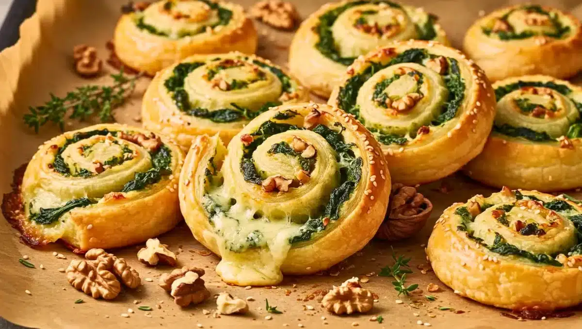 Roulés feuilletés au fromage bleu, épinards et noix, dorés et fondants, disposés sur une plaque de cuisson avec quelques noix concassées.