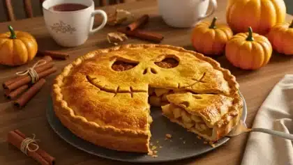 Tarte aux pommes d’Halloween décorée d’un visage souriant façon Jack Skellington, servie sur une table en bois avec des mini-citrouilles et des bâtons de cannelle.