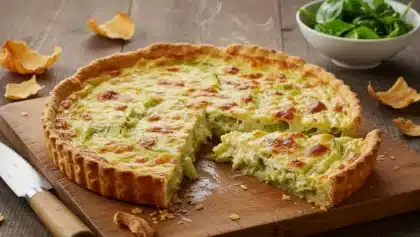 Tarte aux poireaux dorée et fondante, encore fumante, posée sur une planche en bois avec un couteau et un bol de jeunes pousses en arrière-plan.