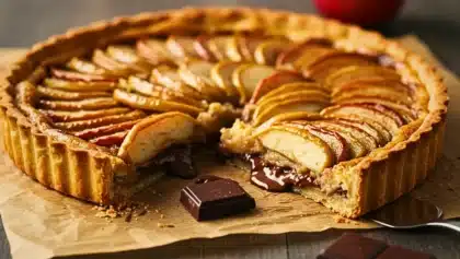 Tarte aux pommes maison revisitée avec une base sablée croustillante, une crème d’amande et une couche fondante de chocolat au lait.