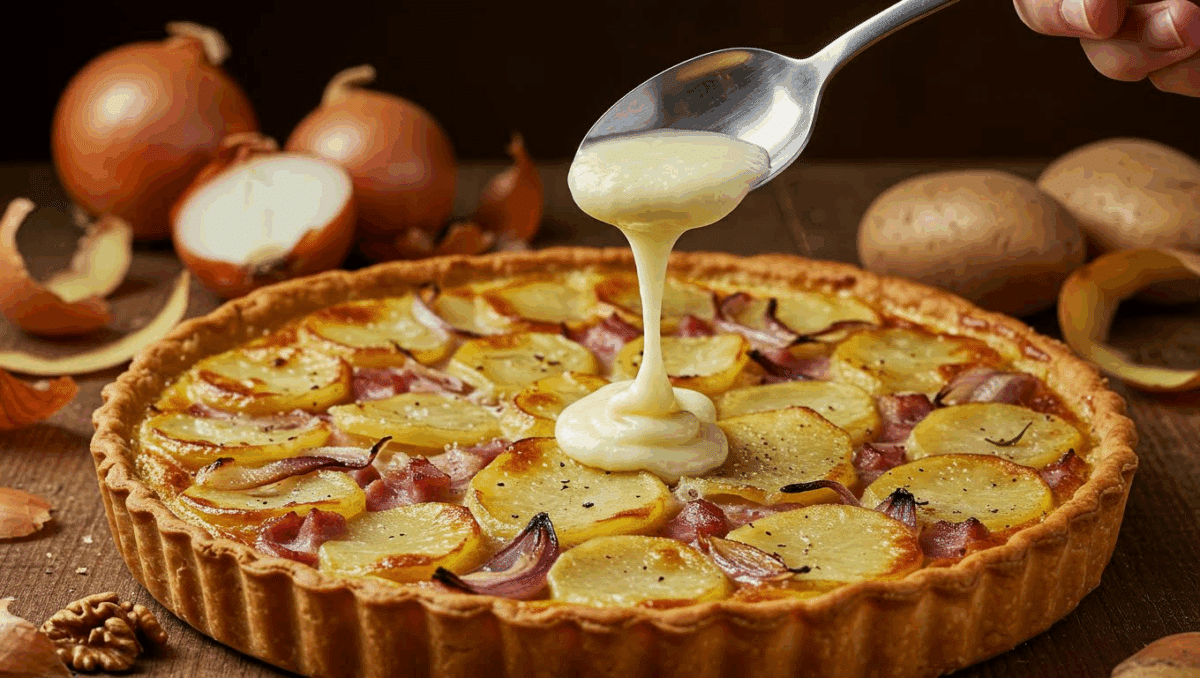 Tarte rustique à la cancoillotte fondue, pommes de terre et oignons rouges rôtis sur pâte dorée, servie sur une table en bois.