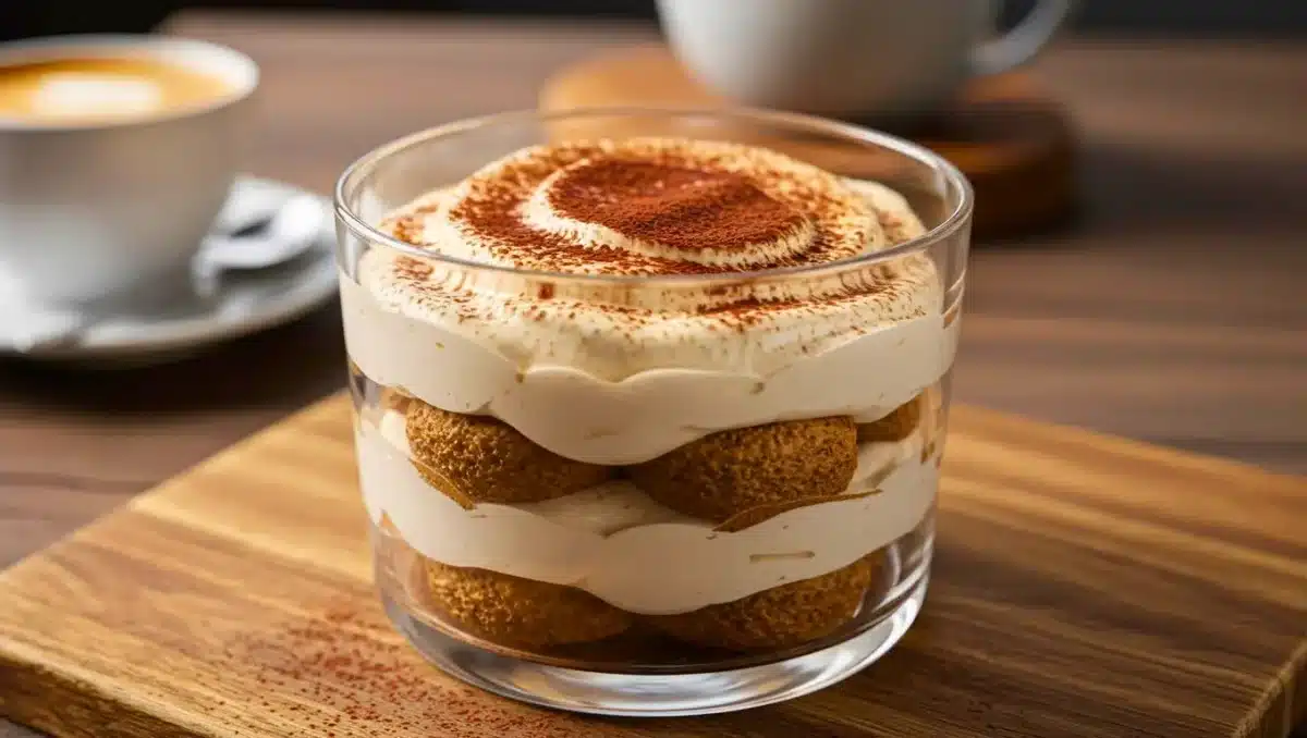 Verrine de tiramisu au yaourt, saupoudrée de cacao, posée sur une planche en bois avec une tasse de café en arrière-plan.