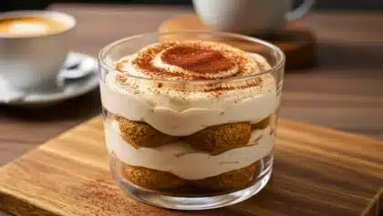 Verrine de tiramisu au yaourt, saupoudrée de cacao, posée sur une planche en bois avec une tasse de café en arrière-plan.