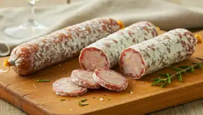Saucissons secs artisanaux tranchés sur une planche en bois, avec grains de sel, herbes aromatiques et verre de vin blanc à l’arrière-plan.