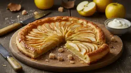 Tarte fine aux pommes dorée et croustillante, présentée sur une planche en bois avec des morceaux de sucre roux et des pommes fraîches en arrière-plan.
