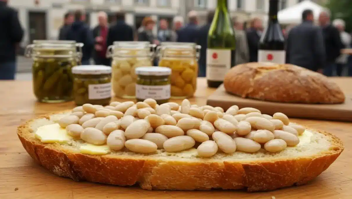 Tartine vendéenne garnie de mogettes au beurre, posée sur une table en bois avec bocaux et vin du terroir à l’arrière-plan.
