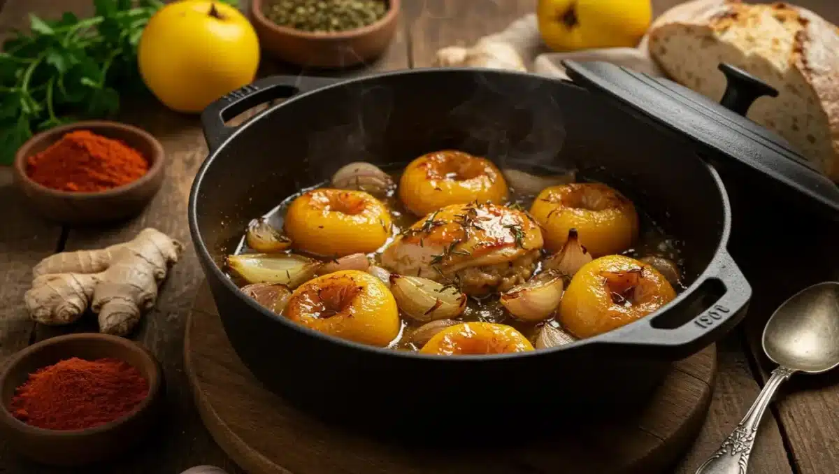 Poulet aux coings caramélisés dans une cocotte en fonte, servi avec oignons et herbes aromatiques.