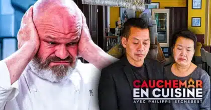 Philippe Etchebest visiblement exaspéré dans un restaurant, aux côtés d’un couple de restaurateurs abattus, lors d’un épisode de Cauchemar en cuisine.