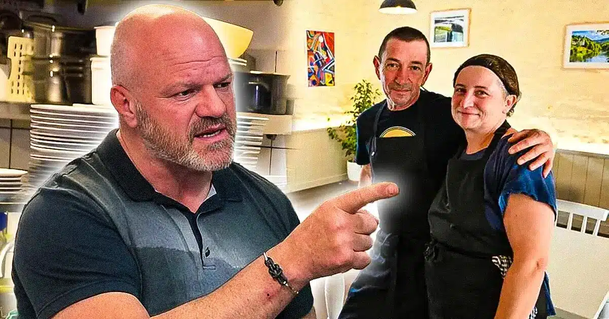 Philippe Etchebest échange vivement avec un couple de restaurateurs dans leur établissement à Langeron lors du tournage de l’émission Cauchemar en cuisine.