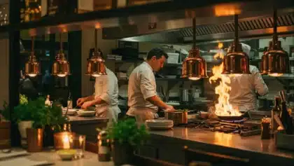 Cuisine de restaurant en Dordogne avec des chefs en plein service et des flammes s’élevant d’une poêle, illustrant un épisode de Cauchemar en Cuisine.