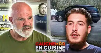 Philippe Etchebest se tient la tête, visiblement contrarié, face à deux restaurateurs tristes dans un restaurant, avec le logo de l’émission Cauchemar en Cuisine.