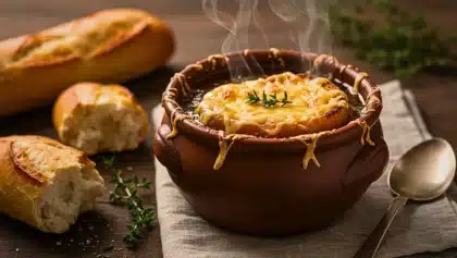 Soupe à l’oignon gratinée dans un bol en terre cuite, surmontée de fromage fondu et de pain croustillant, avec baguette et herbes fraîches autour.