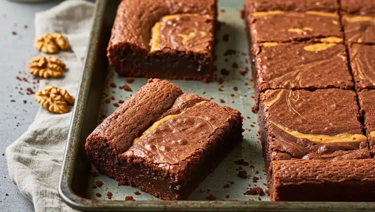 Brownie fondant au chocolat et beurre de cacahuète découpé en carrés, avec une texture moelleuse et brillante, sur une plaque de cuisson en métal.
