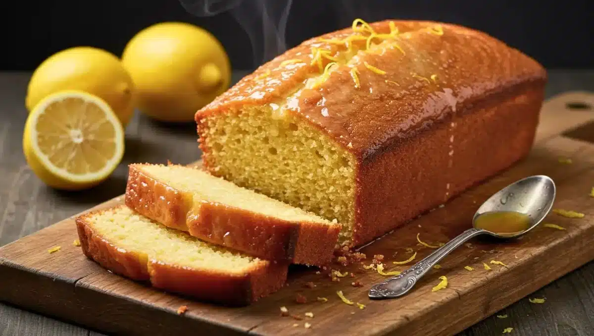 Cake au citron moelleux imbibé de sirop, tranché sur une planche en bois avec zestes de citron et cuillère de sirop.