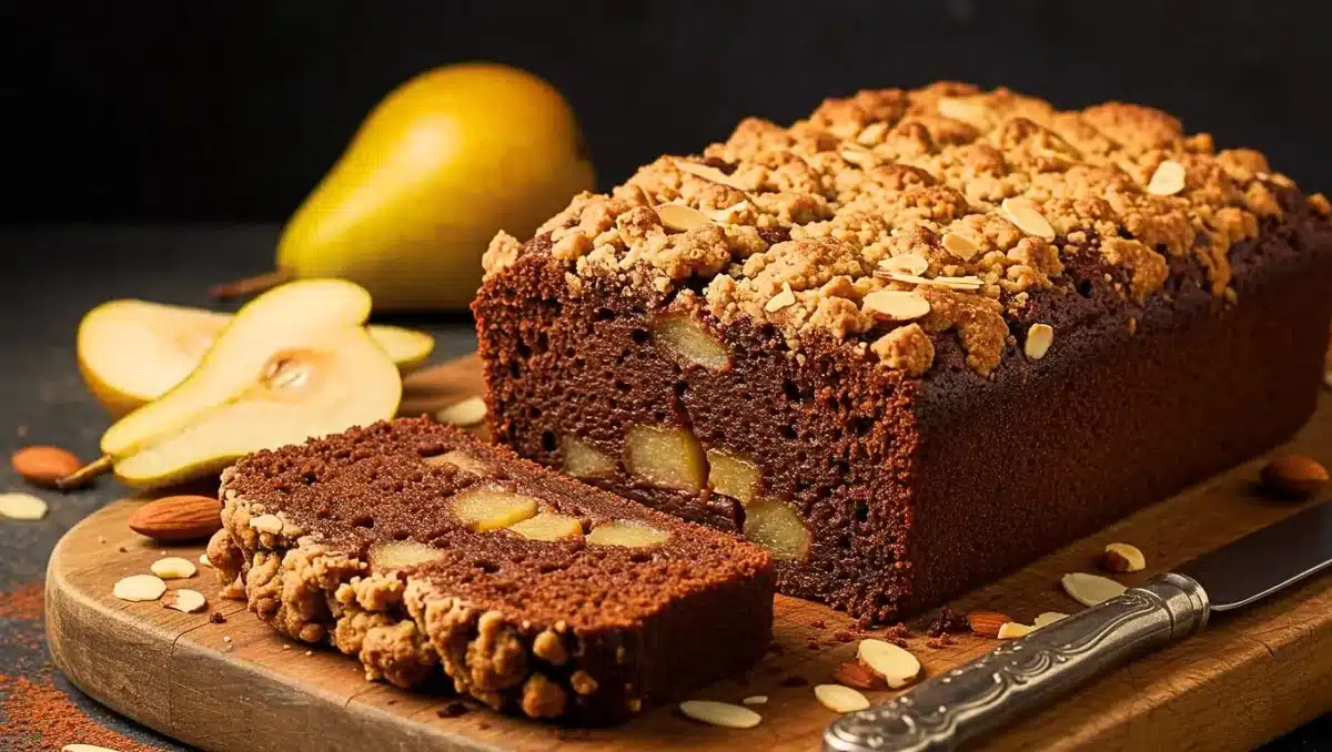 Cake poire-chocolat au crumble doré posé sur une planche en bois, décoré d’amandes effilées et de morceaux de poires fraîches.